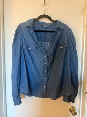 JustFab 1X Chambray Denim Snap Front Shirt Puff Sleeve Western Blue